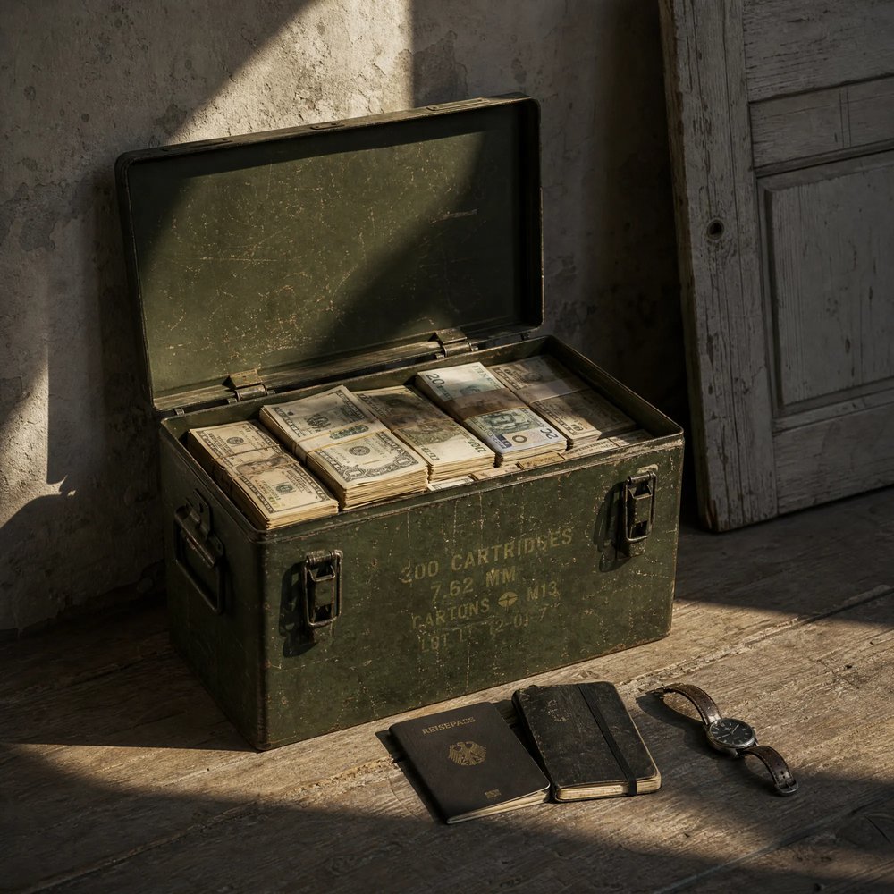 Eine alte Munitionskiste voller Geldscheinbündel, davor ein Reisepass, ein Notizbuch und eine Armbanduhr