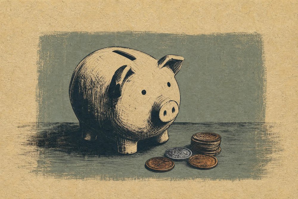 Ein Sparschwein mit ein paar Münzen davor