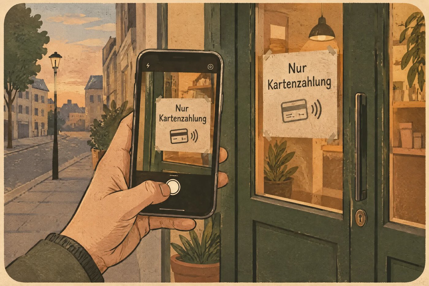 Eine Hand fotografiert mit dem Handy ein Schild „Nur Kartenzahlung“ an der Tür eines Ladens