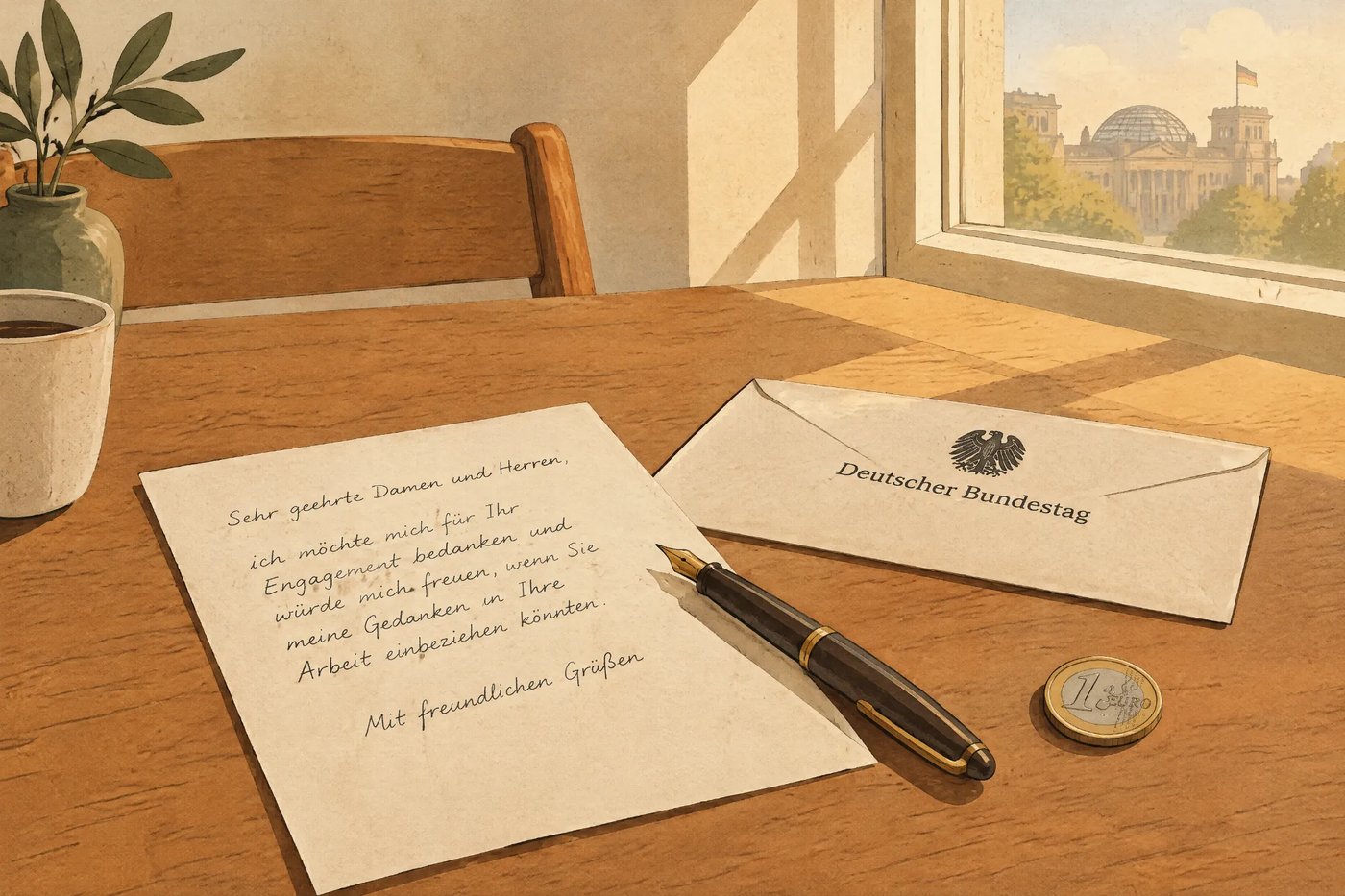 Ein handgeschriebener Brief mit Füller und ein Umschlag an den Deutschen Bundestag auf einem Holztisch, daneben eine Euromünze, durchs Fenster ist der Reichstag zu sehen