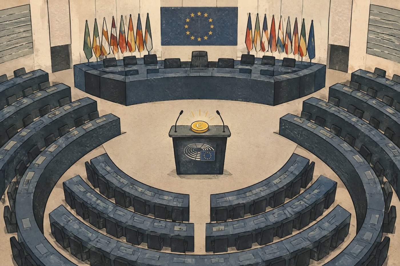 Der leere Plenarsaal des Europäischen Parlaments, auf dem Rednerpult in der Mitte liegt eine leuchtende Euromünze