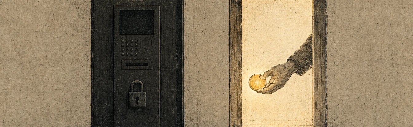Links eine verschlossene Tür mit Tastenfeld und Vorhängeschloss, rechts eine offene Tür, aus der eine Hand eine Münze reicht